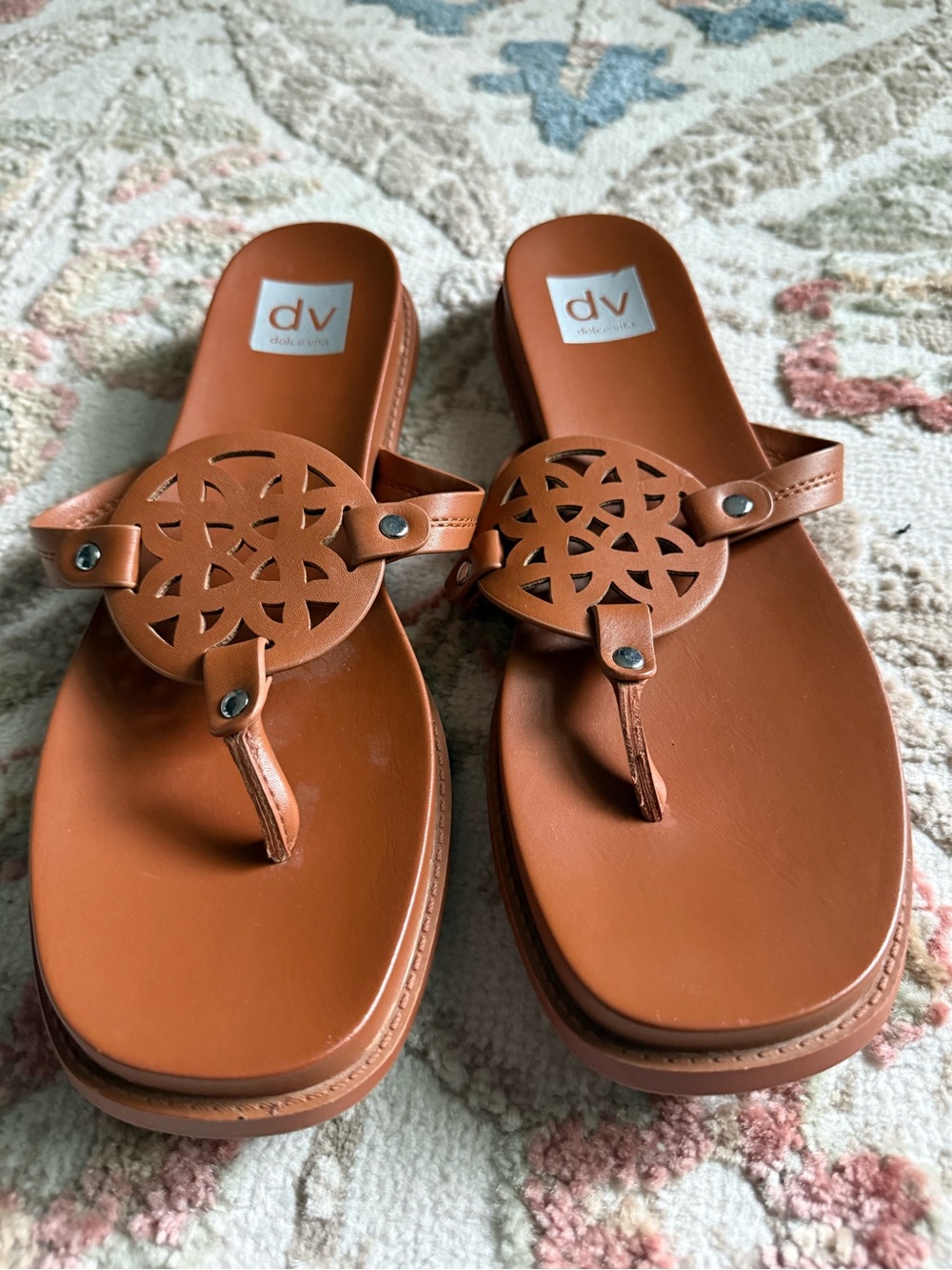 Dolce Vita Cognac Tan Laser-Cut Toe-Post Sandals